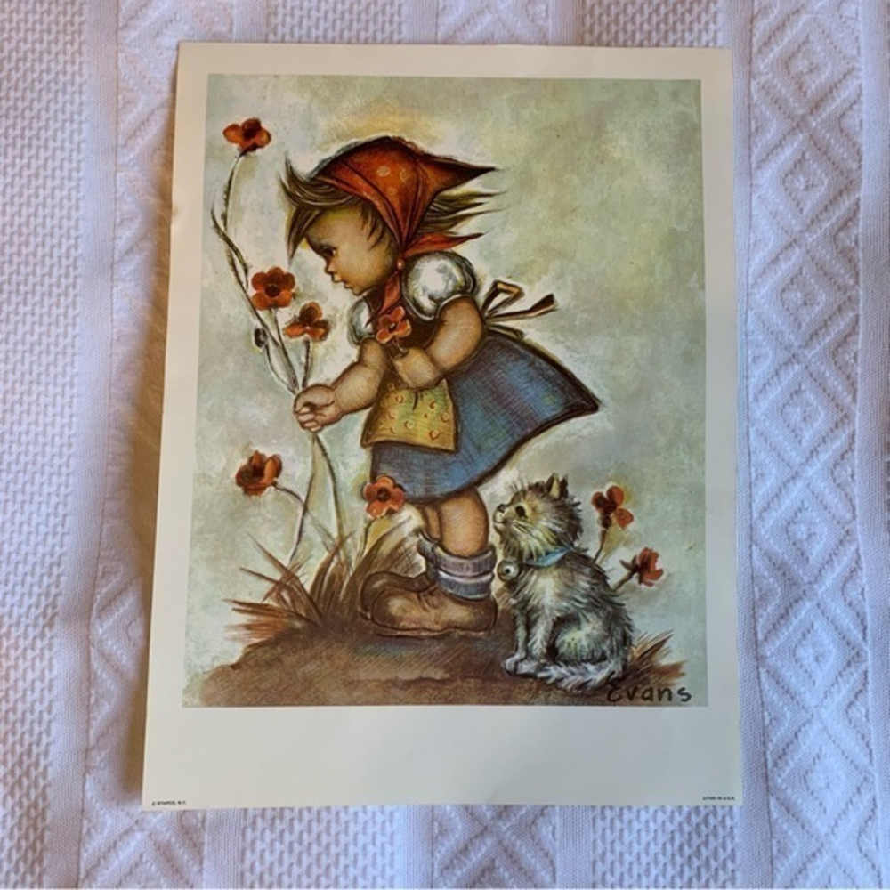 Vintage Hummel Lithograph by Evans “Little Girl with her Cat”